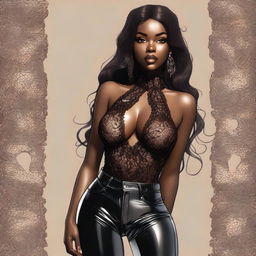 A high-quality digital art of a dark-skinned woman with long brown hair, dressed in a lace top and black latex pants