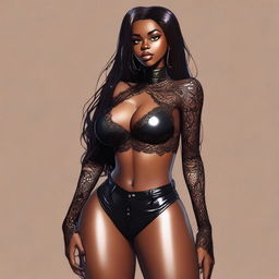 A high-quality digital art of a dark-skinned woman with long brown hair, dressed in a lace top and black latex pants