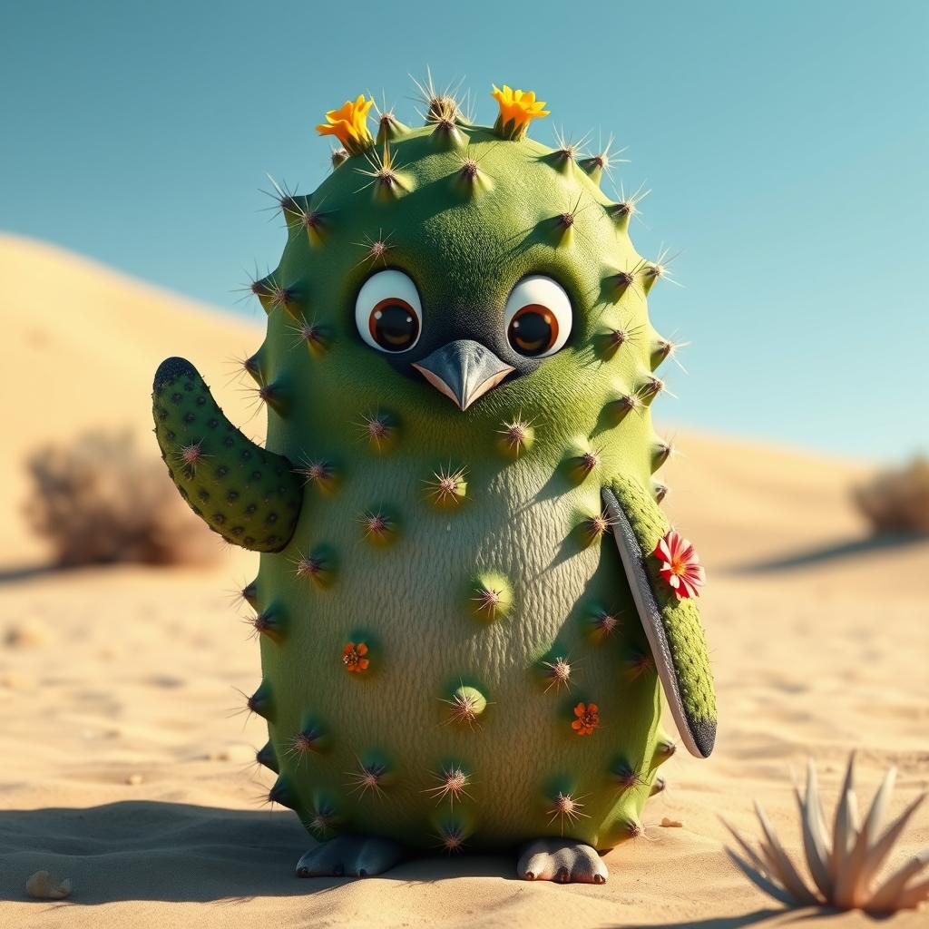 A realistic depiction of a penguin entirely covered in a textured green cactus skin, with sharp spikes and small colorful desert flowers