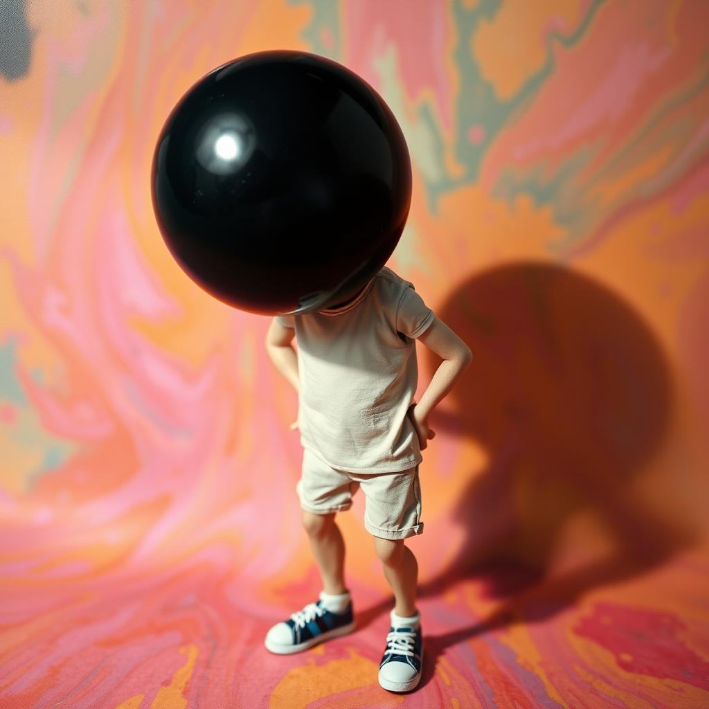 A surreal depiction of a human body with a glossy black bowling ball for a head, the shiny surface of the bowling ball reflecting the surroundings