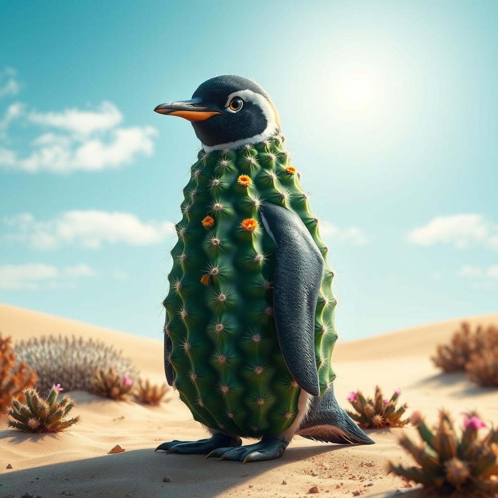 A realistic depiction of a penguin that has entirely transformed into a cactus