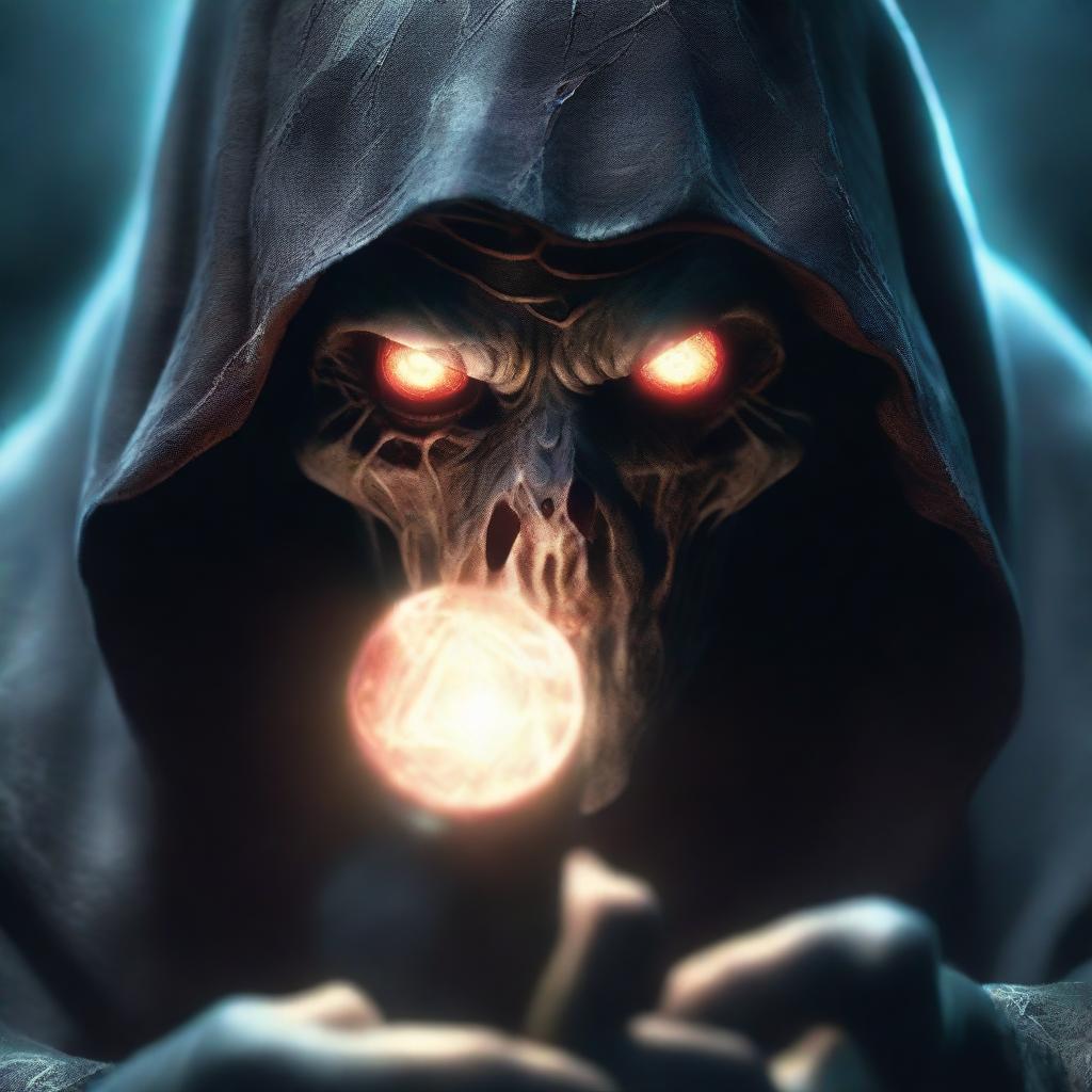 A close-up view of an undead necromancer, eyes glowing, casting a spectral spell with intense concentration.