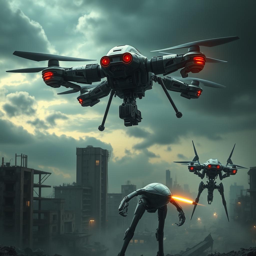 A dramatic scene featuring unique robot characters known as Murderdrones, set in a dystopian world