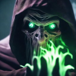 A close-up view of an undead necromancer, eyes glowing, casting a spectral spell with intense concentration.