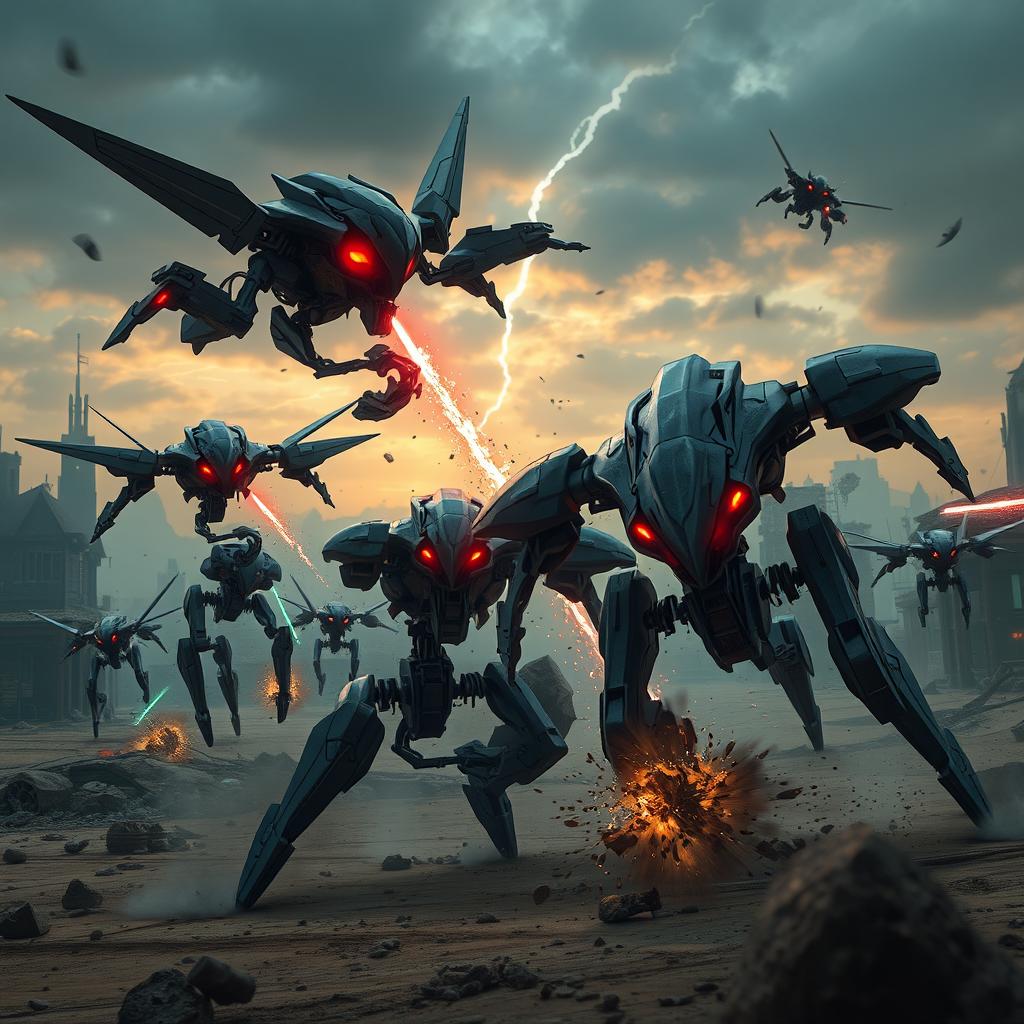 An action-packed sci-fi scene featuring advanced robots, known as Murderdrones, showcasing their intimidating yet sleek designs
