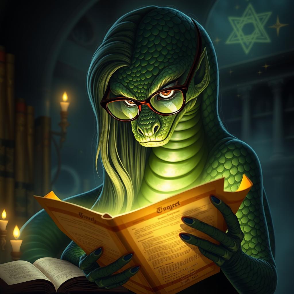 An anthropomorphic snake woman with shimmering, green scales and long, flowing hair