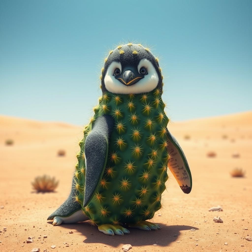 A realistic depiction of a penguin that is entirely covered in green cactus-like skin