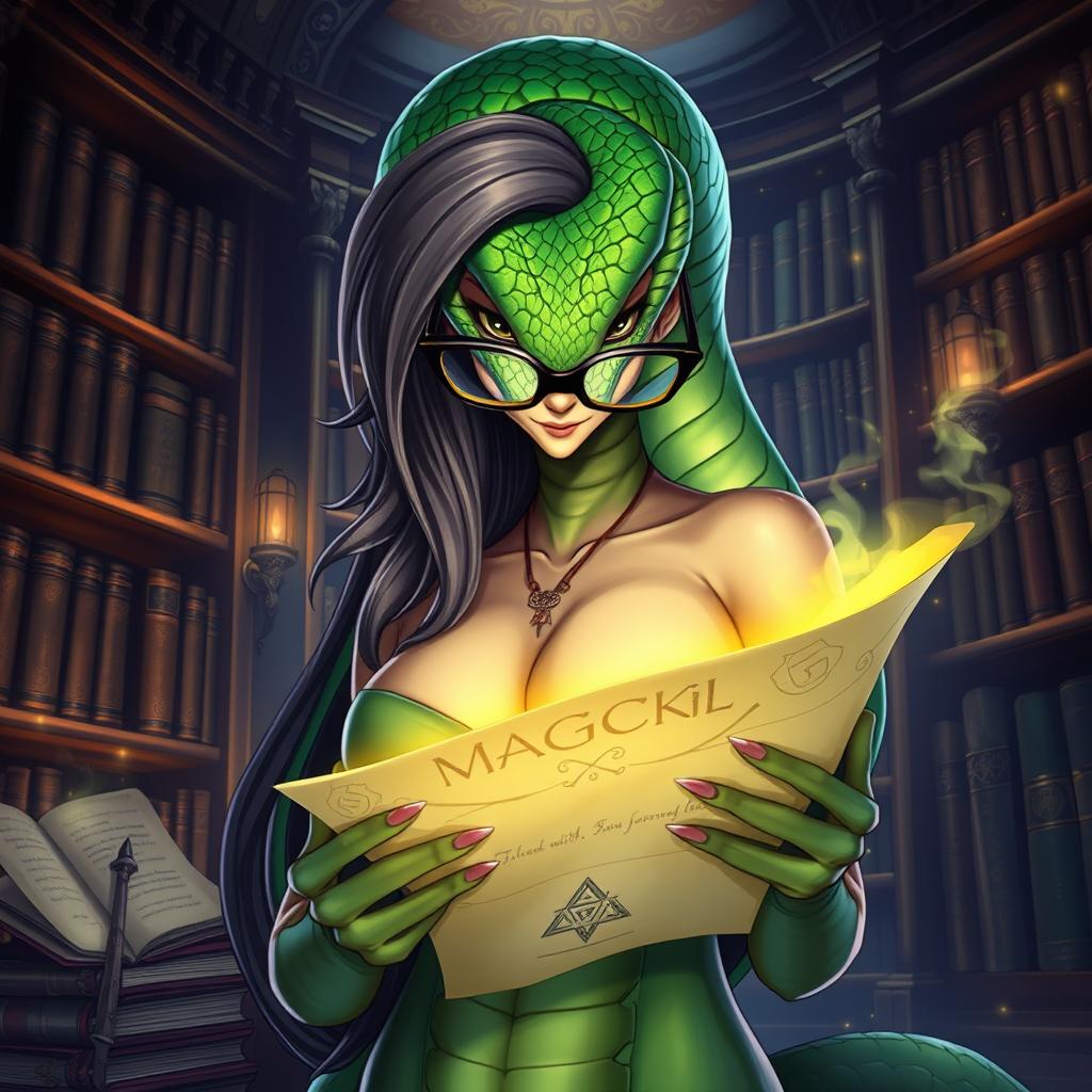 A hot anime female anthropomorphic snake with vibrant green scales and captivating curves