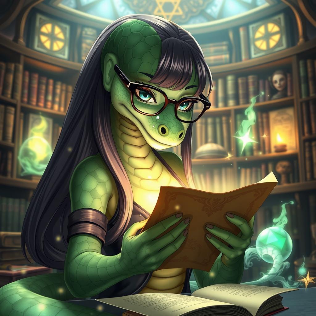 An anime female anthropomorphic snake with striking green scales and an elegant form