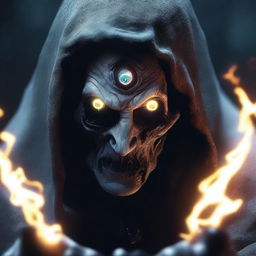 A close-up view of an undead necromancer, eyes glowing, casting a spectral spell with intense concentration.