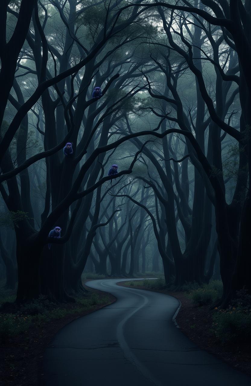 A dense, mystical forest with a dark, winding road cutting through it