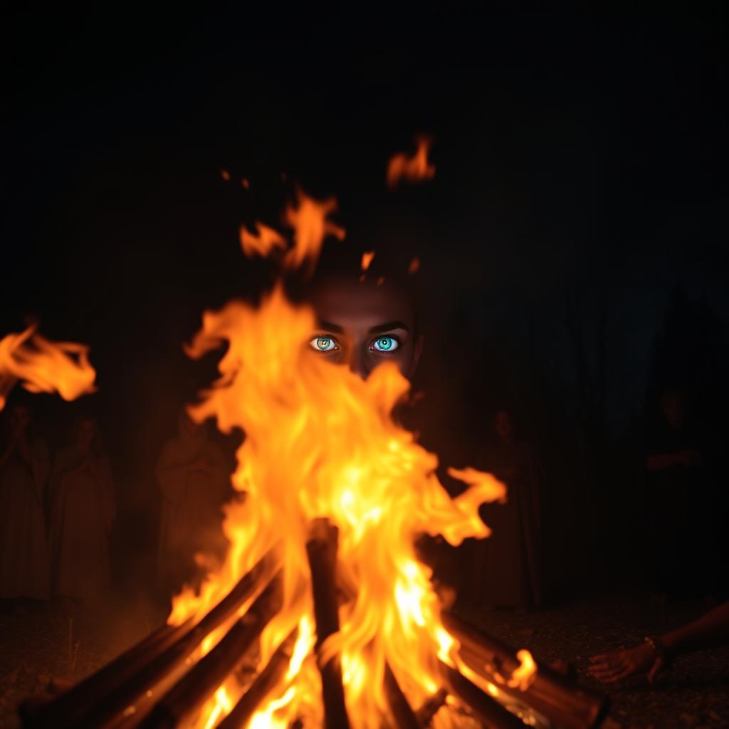 A mystical bonfire ceremony scene at night with vibrant flames casting a warm glow