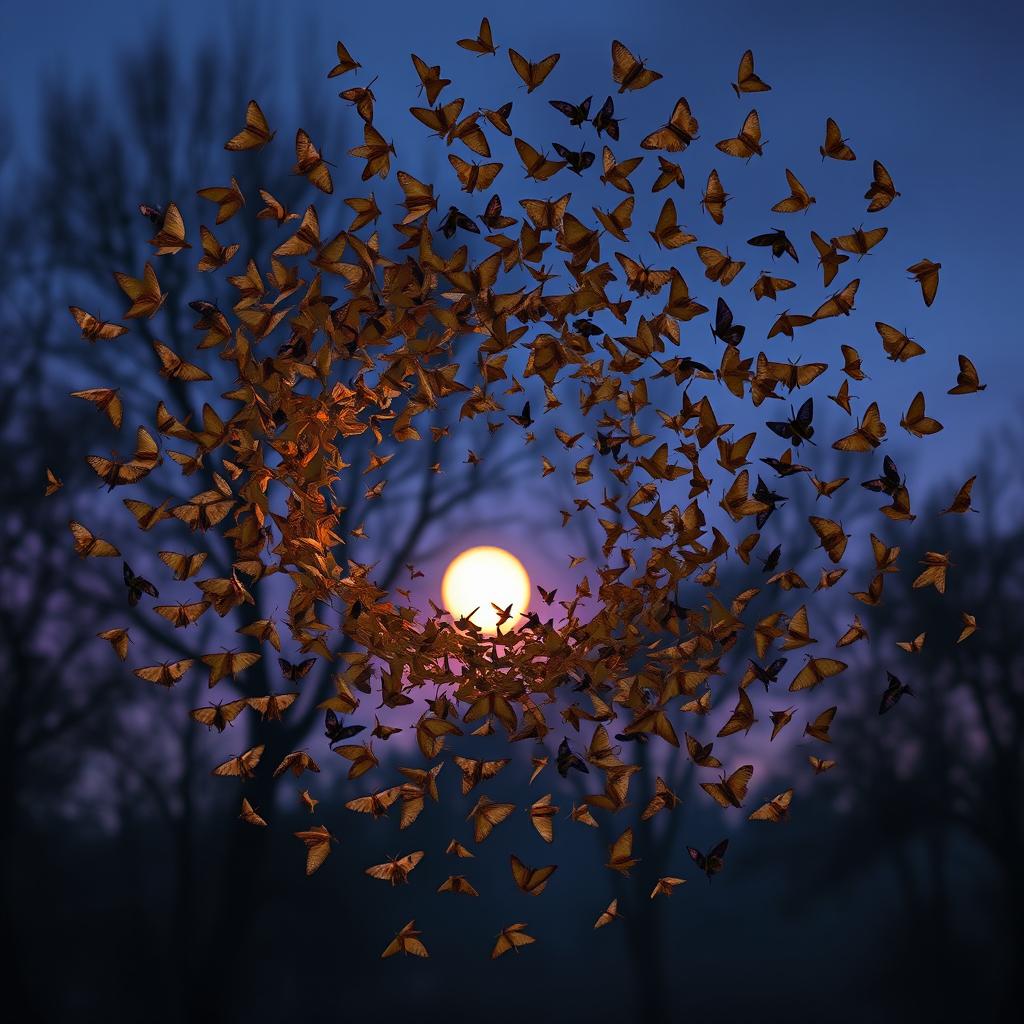 A swirling vortex or twister composed entirely of fluttering moths, in various shades of cream, brown, and black, creating a beautiful and intricate pattern as they swirl around