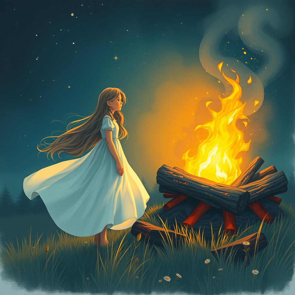 A serene scene of a girl in a flowing white dress standing gracefully next to a crackling bonfire