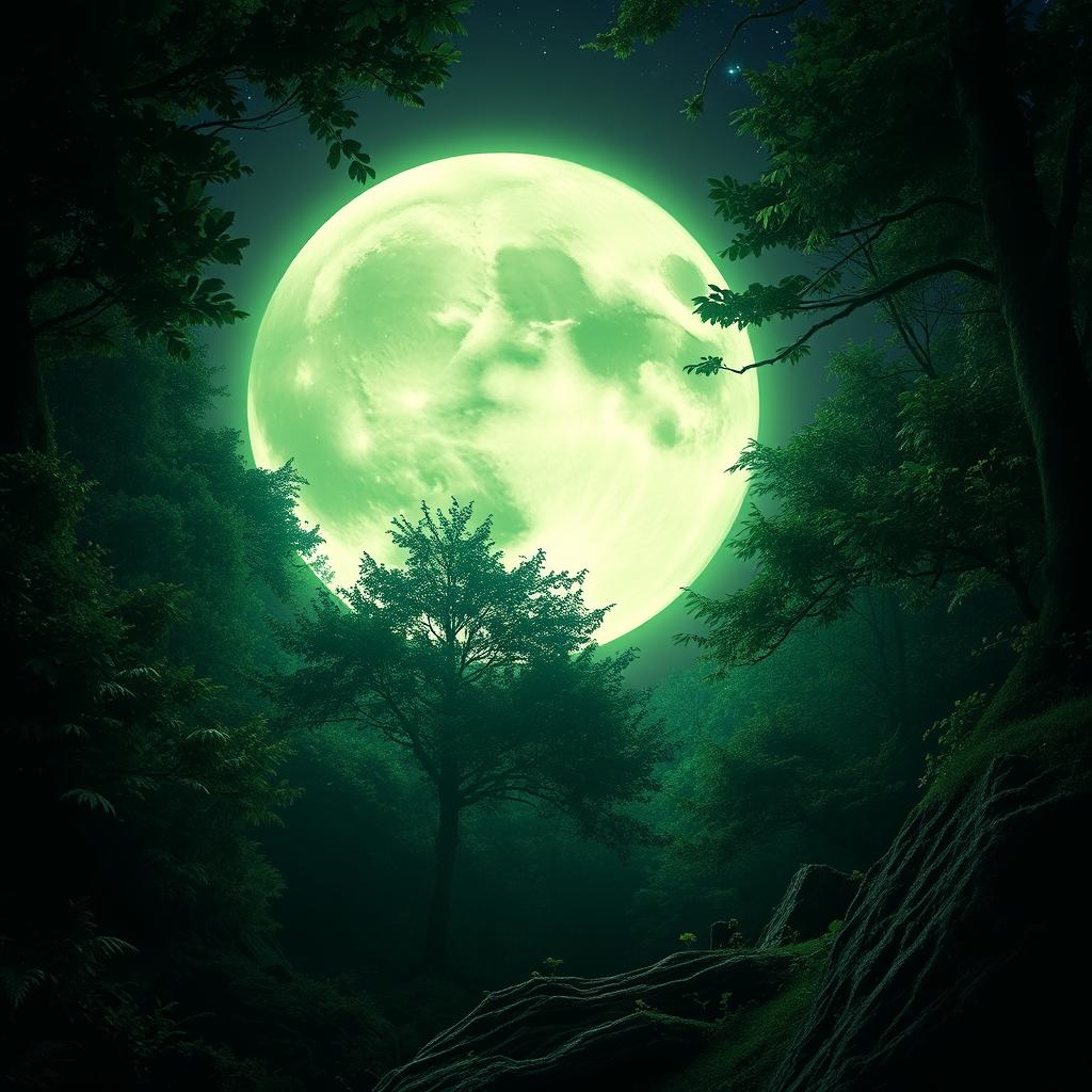 A mystical scene featuring a large, luminous green full moon illuminating a lush forest