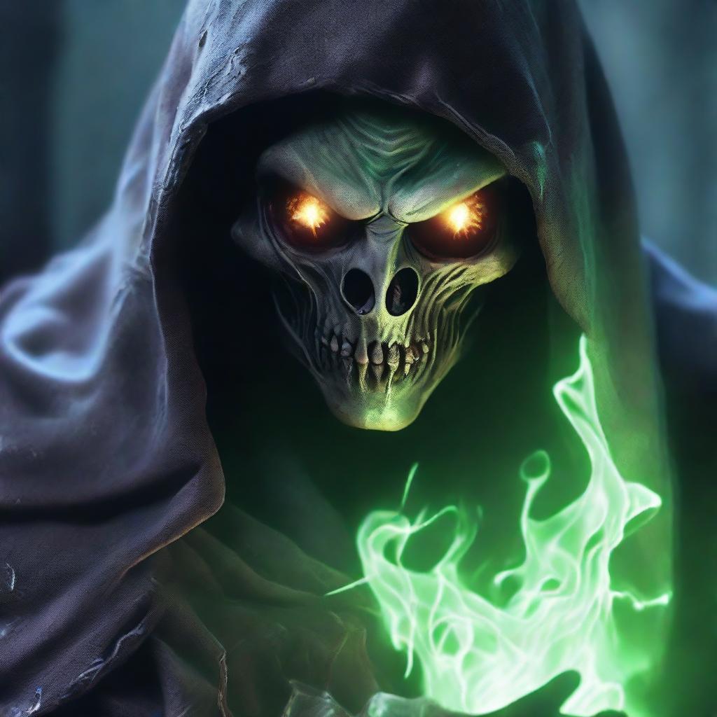 A close-up view of an undead necromancer, eyes glowing, casting a spectral spell with intense concentration.