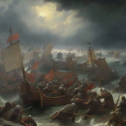 A painting illustrating a ferocious Nordic war scene under a stormy sky, filled with warriors clashing weapons and longships.