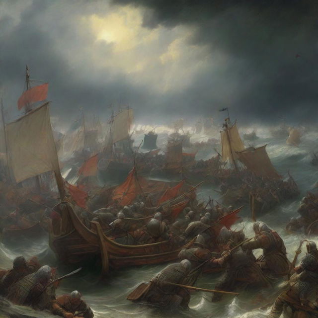 A painting illustrating a ferocious Nordic war scene under a stormy sky, filled with warriors clashing weapons and longships.