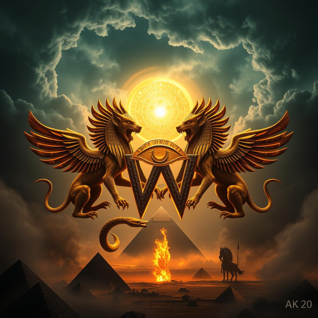 A cinematic ultra-detailed logo representing an Egyptian god theme, prominently featuring the letter 'W' formed by two roaring winged sphinxes equipped with obsidian claws