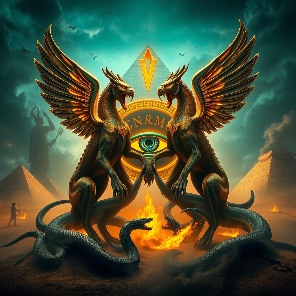 A cinematic ultra-detailed logo representing an Egyptian god theme, featuring the letter 'W' formed by two majestic and roaring winged sphinxes with obsidian claws