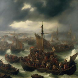 A painting illustrating a ferocious Nordic war scene under a stormy sky, filled with warriors clashing weapons and longships.