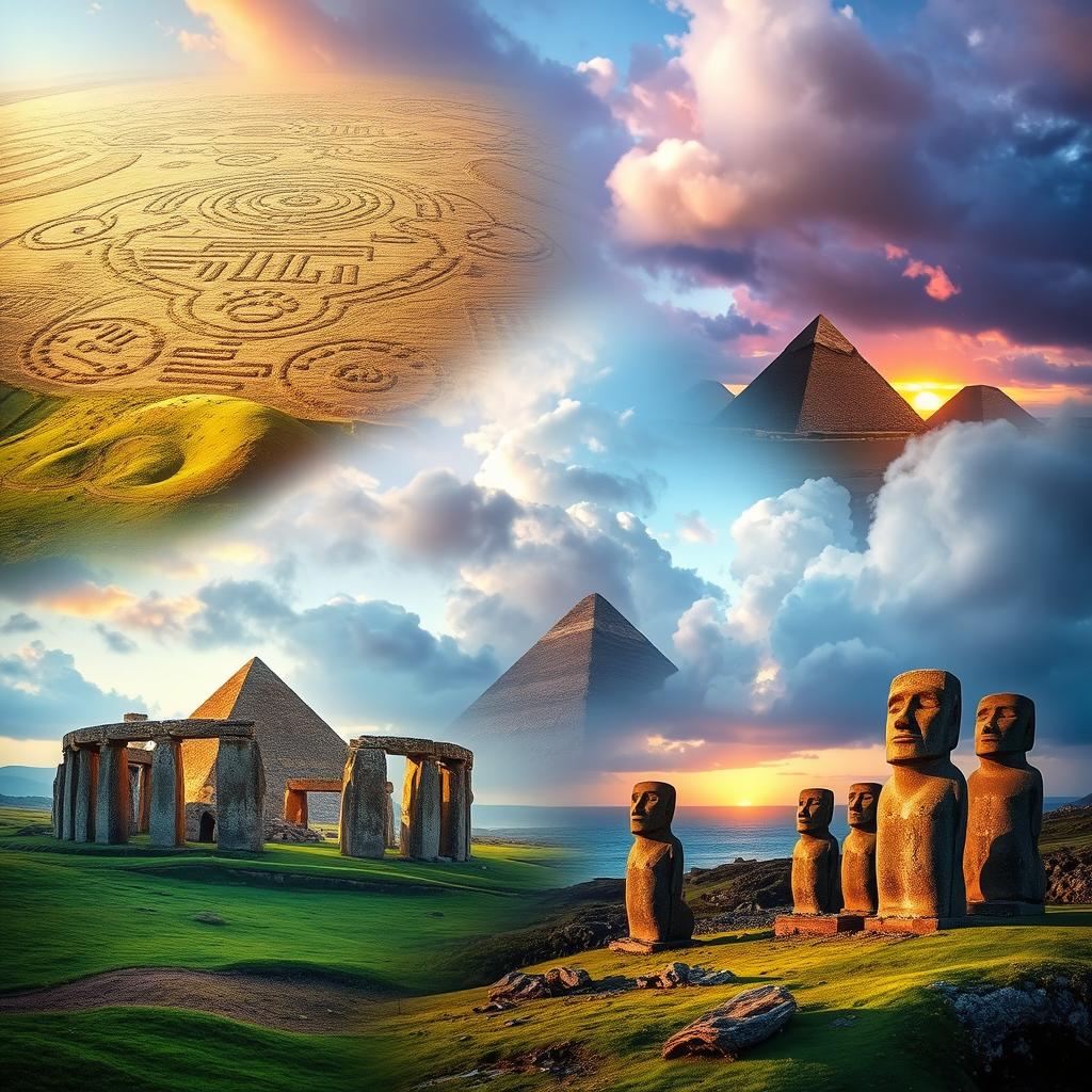 A captivating and mystical scene showcasing several mysterious places including the Nazca Lines with their intricate geoglyphs, Stonehenge surrounded by lush green fields and a cloudy sky, the towering Egyptian pyramids silhouetted against the sunset, and the iconic moai statues of Easter Island with the ocean in the background