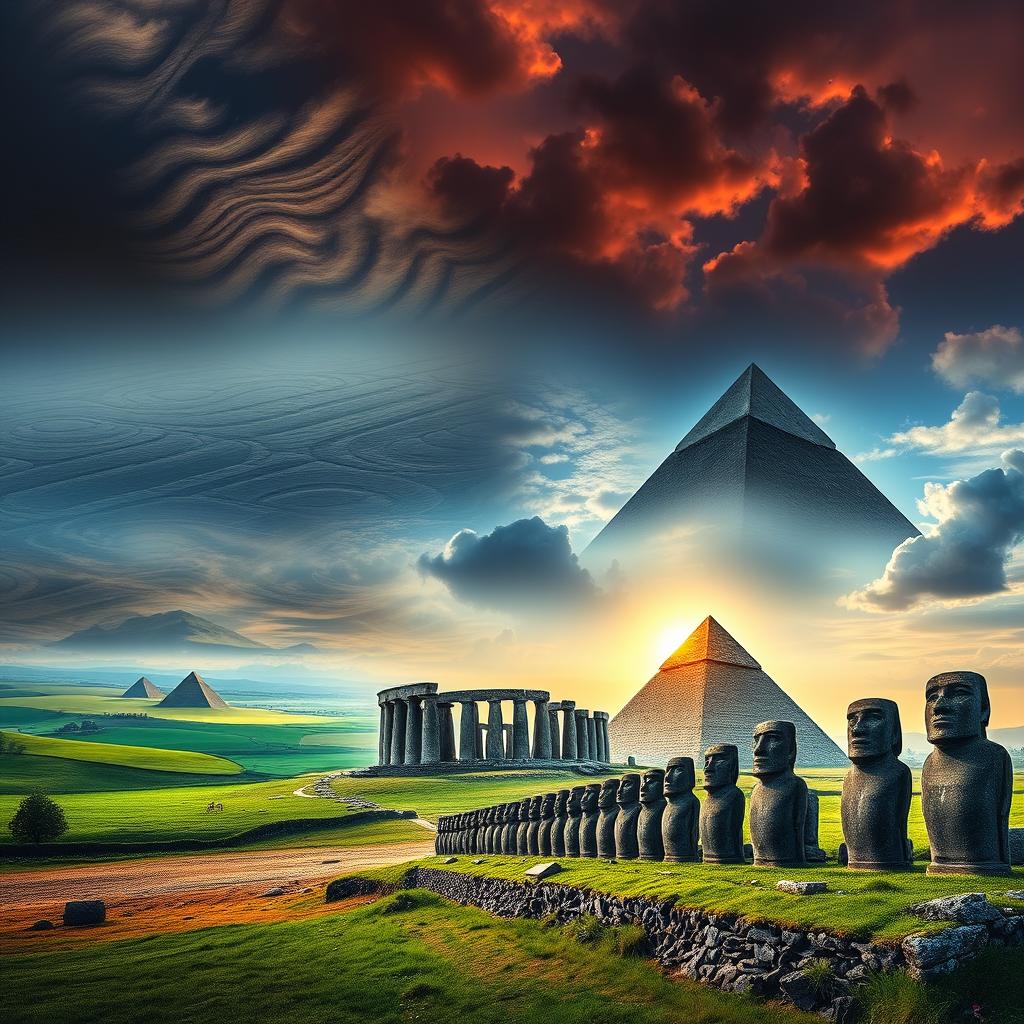A 16:9 cinematic landscape featuring a mystical collage of famous mysterious places including the Nazca Lines with their intricate geoglyphs visible from above, Stonehenge standing majestically amidst rolling green fields and a dramatic sky, the grand Egyptian pyramids with the sun setting behind them, and the striking moai statues of Easter Island lining a rugged coast