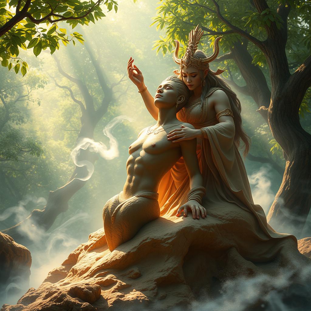 A mesmerizing scene depicting the ancient goddess Aruru, known for her role in creating humanity, as she forms Enkidu from clay
