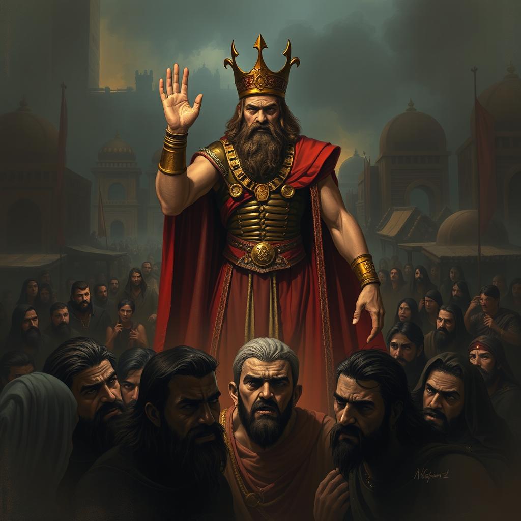 A dramatic and intense scene depicting Gilgamesh, the ancient king of Uruk, displaying his tyrannical behavior towards his people