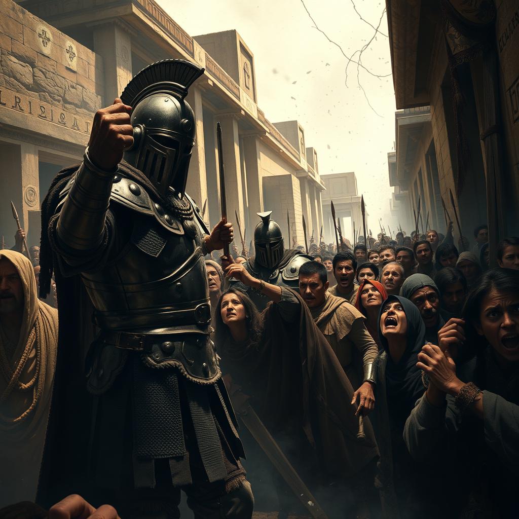 A powerful and striking scene showcasing the guards of Gilgamesh, dressed in imposing armor, enforcing his harsh rule over the citizens of Uruk