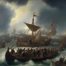 A painting illustrating a ferocious Nordic war scene under a stormy sky, filled with warriors clashing weapons and longships.