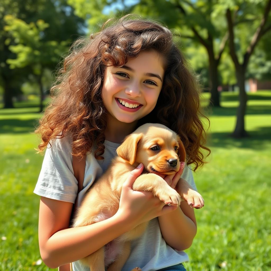 A teenage girl of Georgian descent with curly hair, smiling joyfully as she cradles a light brown puppy in her hands