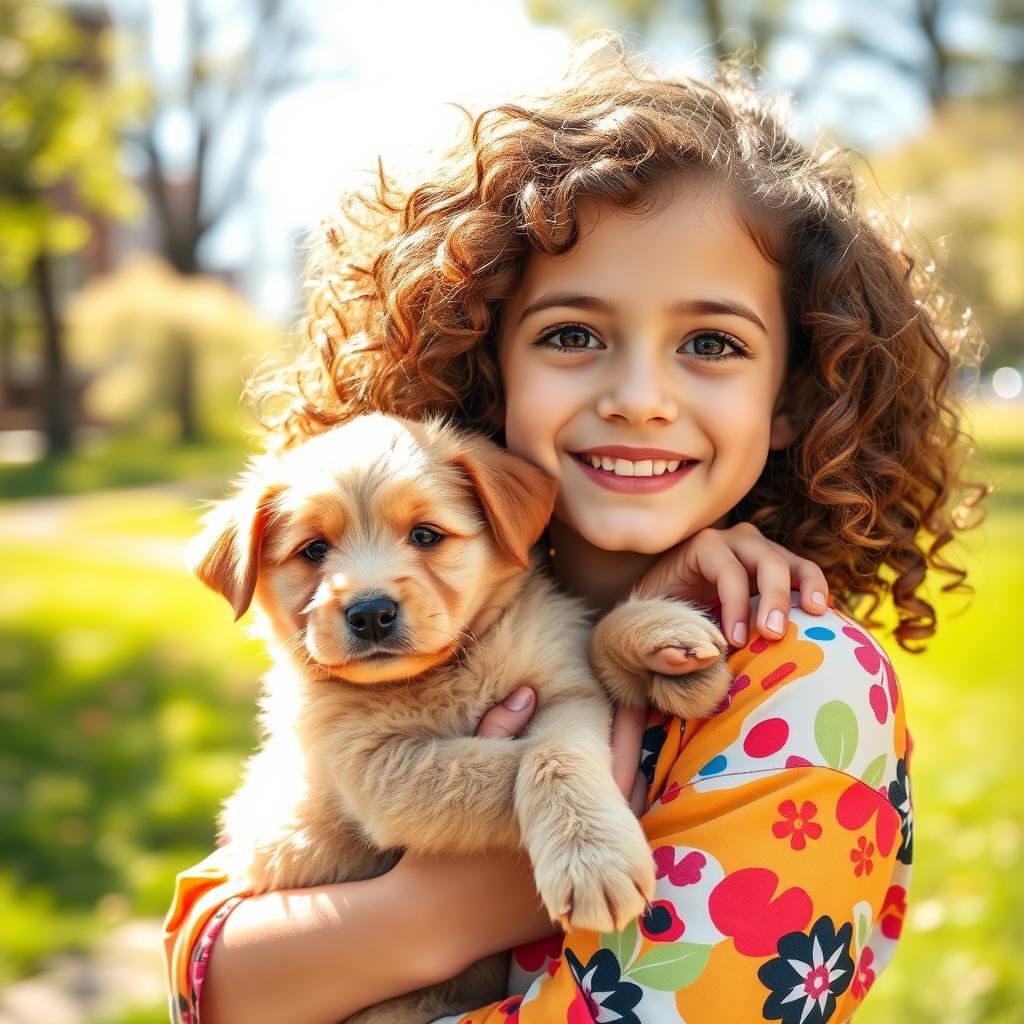 A curly-haired Georgian teenage girl with a joyful expression holding a light brown puppy in her arms