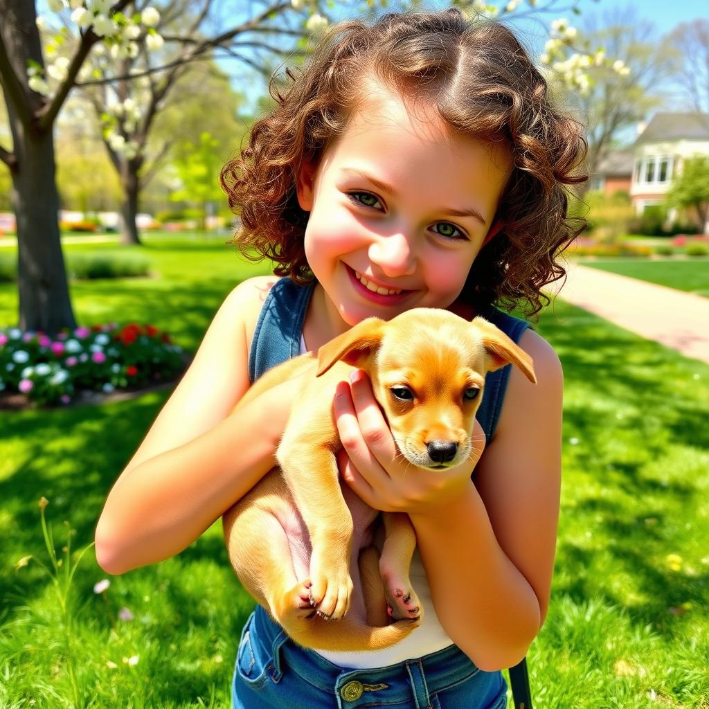 A 17-year-old girl with curly hair, striking green eyes, experiencing a moment of joy as she gently holds a light brown, thin puppy in her hands