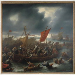 A painting illustrating a ferocious Nordic war scene under a stormy sky, filled with warriors clashing weapons and longships.