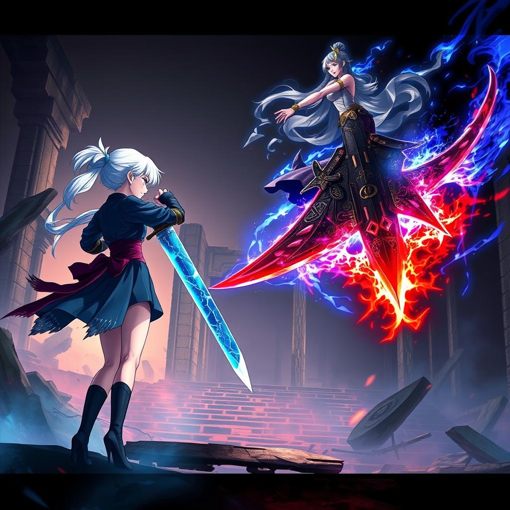 Fantasy art featuring two warrior girls in an epic confrontation