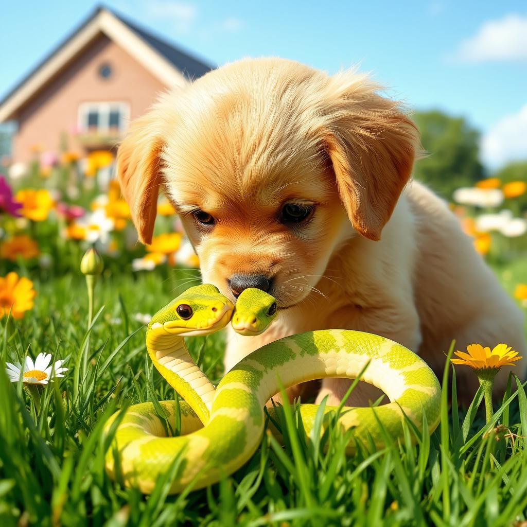 A cute scene featuring an adorable puppy and a playful snake interacting gently in a sunny garden