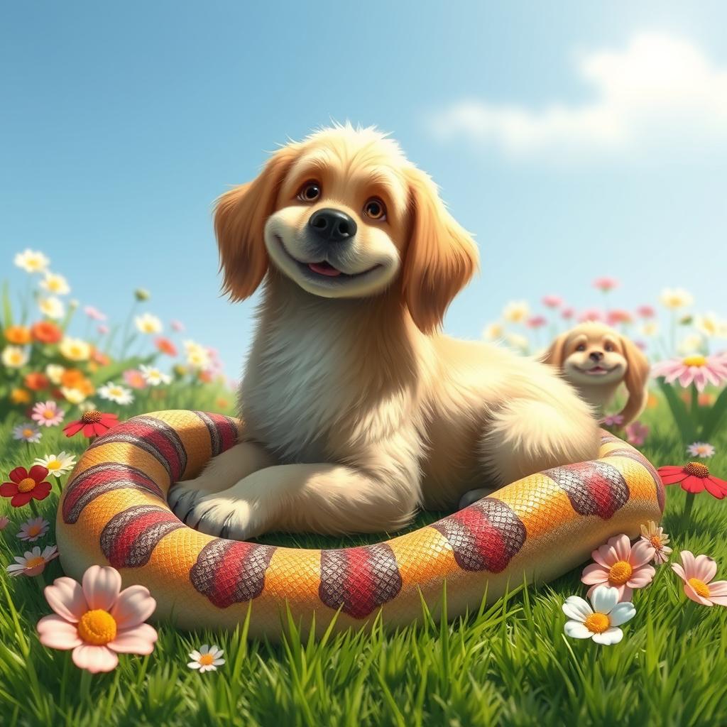 A whimsical creature that is a combination of a dog and a snake, featuring the head and body of a playful golden retriever, with a long, sinuous serpentine tail that has vibrant, colorful patterns similar to a python