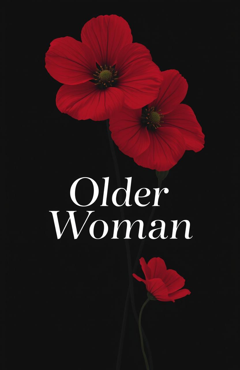 A dark minimalist background featuring several large red flowers prominently displayed