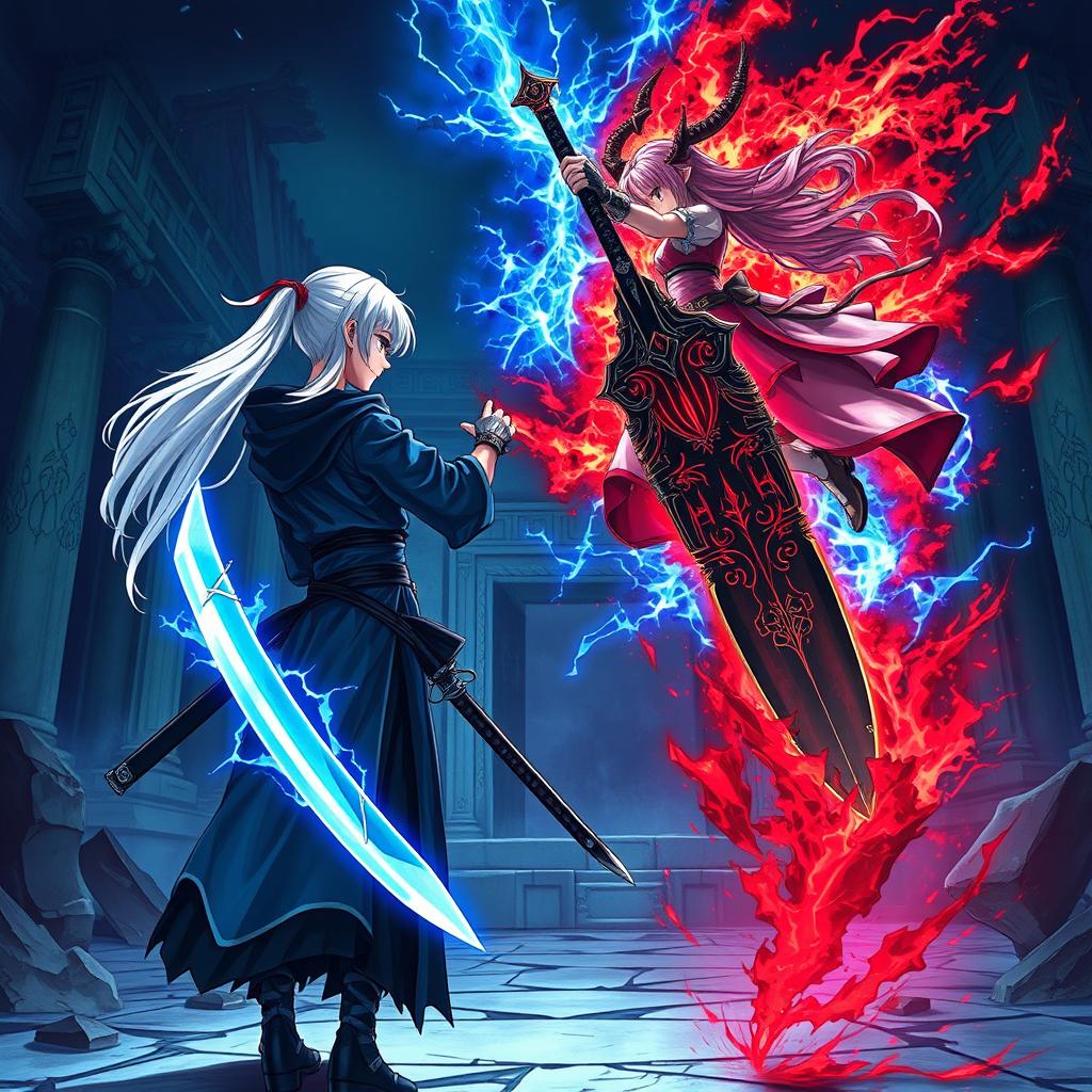 In a fantasy art style, two warrior girls are engaged in an epic confrontation
