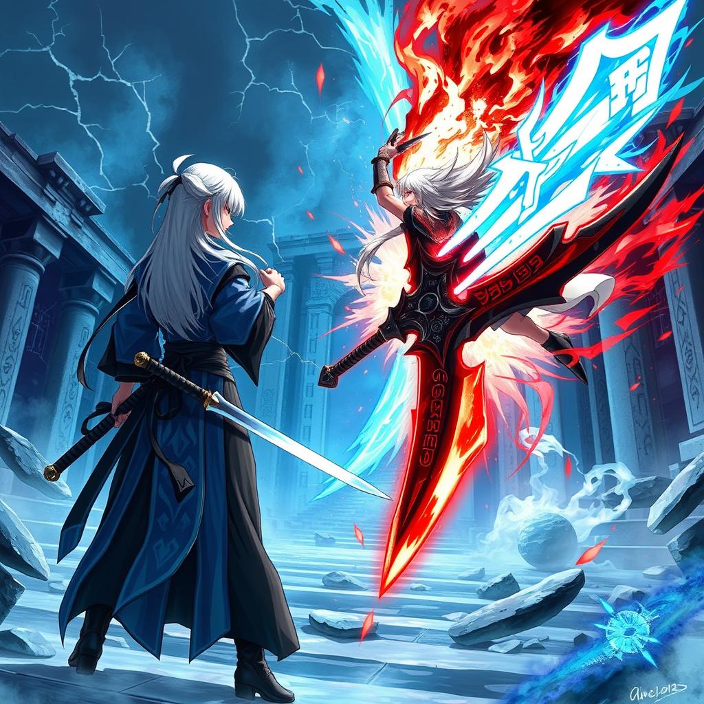 Fantasy art depicting two warrior girls in an epic confrontation