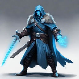 A fearsome Nordic necromancer, armed with a mystical blue glowing sword, ready for battle.