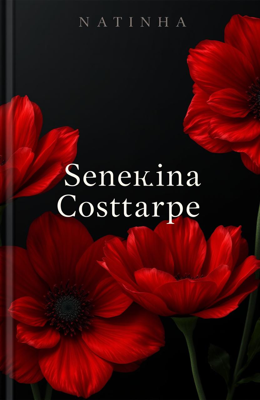 A book cover design featuring a dark background with large red flowers prominently displayed in the foreground