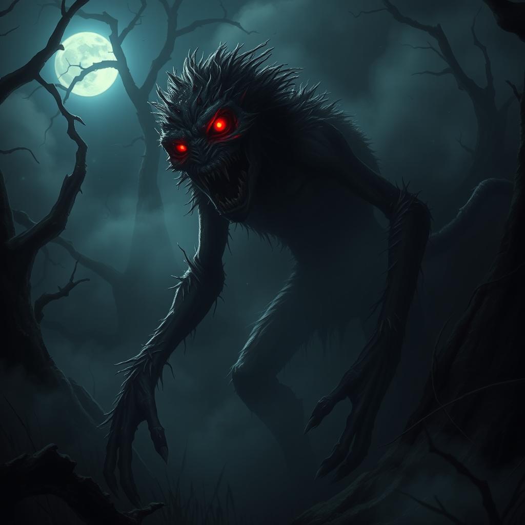 A nightmarish creature lurking in the shadows, partially obscured by darkness, with glowing red eyes peering out, sharp jagged teeth, and elongated limbs
