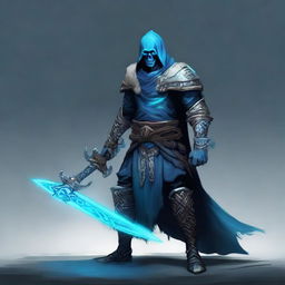 A fearsome Nordic necromancer, armed with a mystical blue glowing sword, ready for battle.