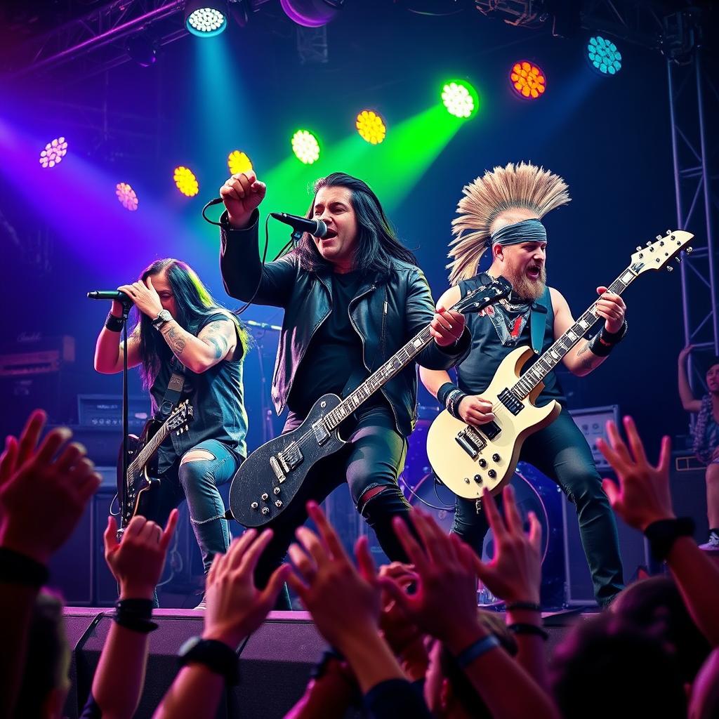 A dynamic rock metal band performing live on stage, with high-energy poses and powerful expressions