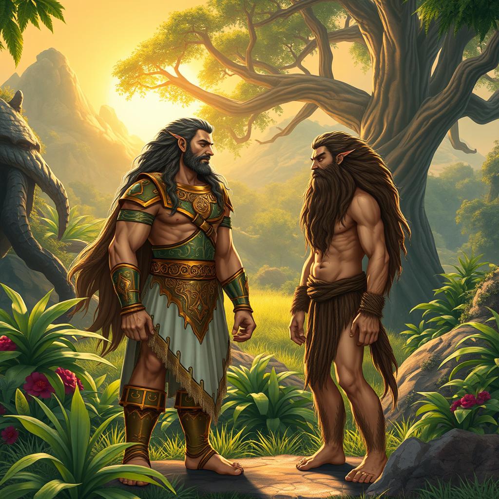 In a lush Mesopotamian landscape, Gilgamesh, a majestic and regal figure with long flowing hair and ornate armor, stands confidently beside Enkidu, a wild and untamed man, whose body is covered in long hair and has an earthy, primal appearance