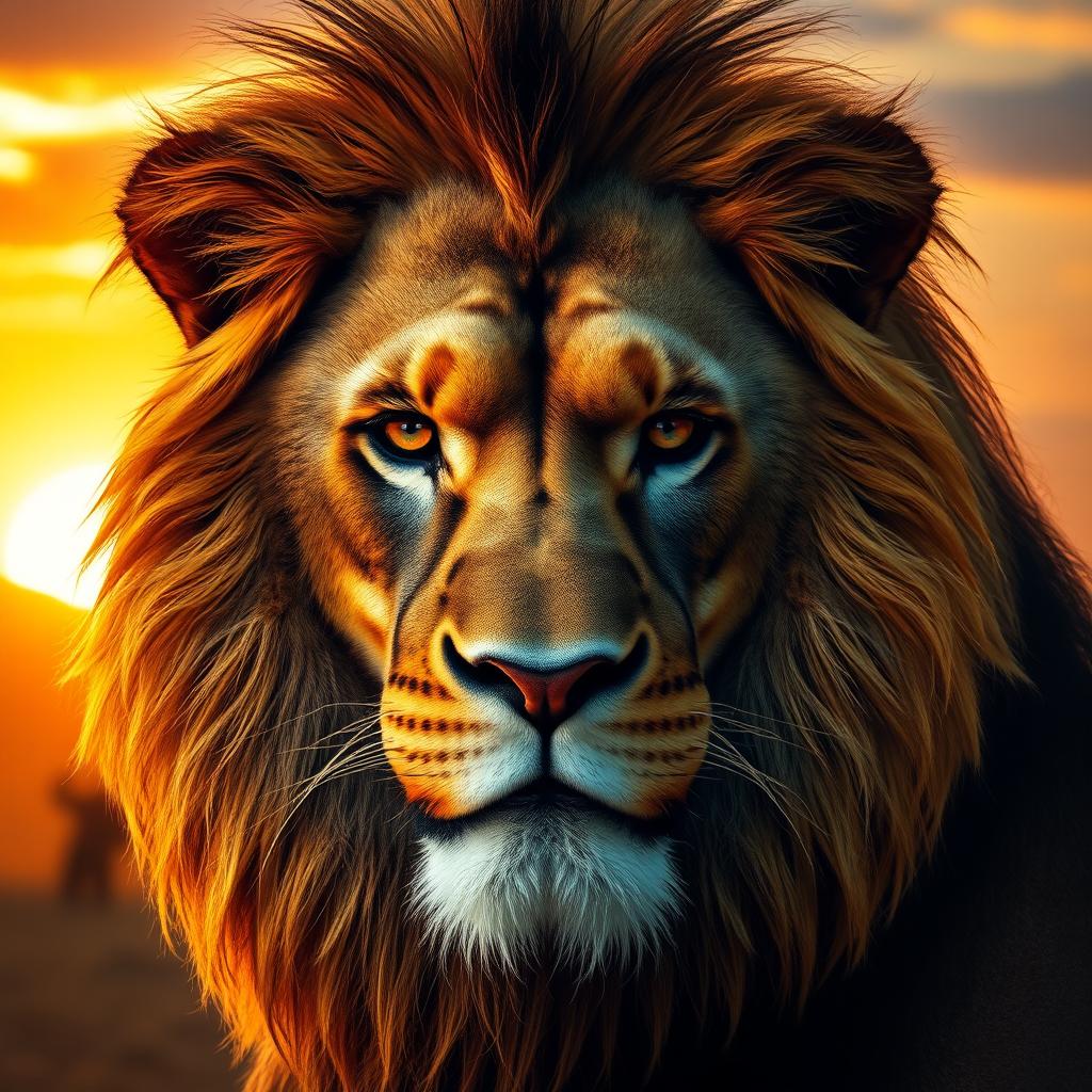 A majestic lion's head seamlessly blended with a strong man's face, showcasing the powerful features of both the lion and the man