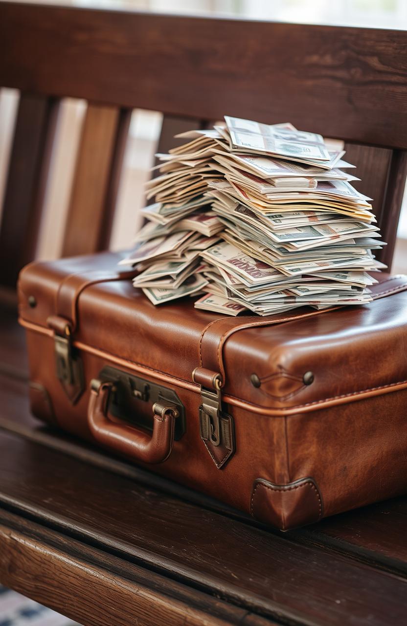 A vintage leather suitcase sitting on a rustic wooden bench