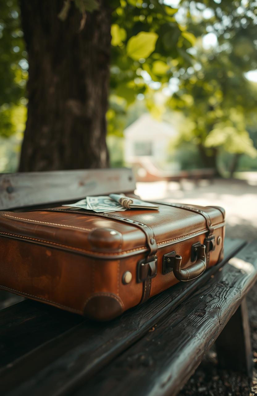 A vintage leather suitcase placed on a rustic wooden bench, the suitcase showcasing rich, warm tones and intricate stitching details